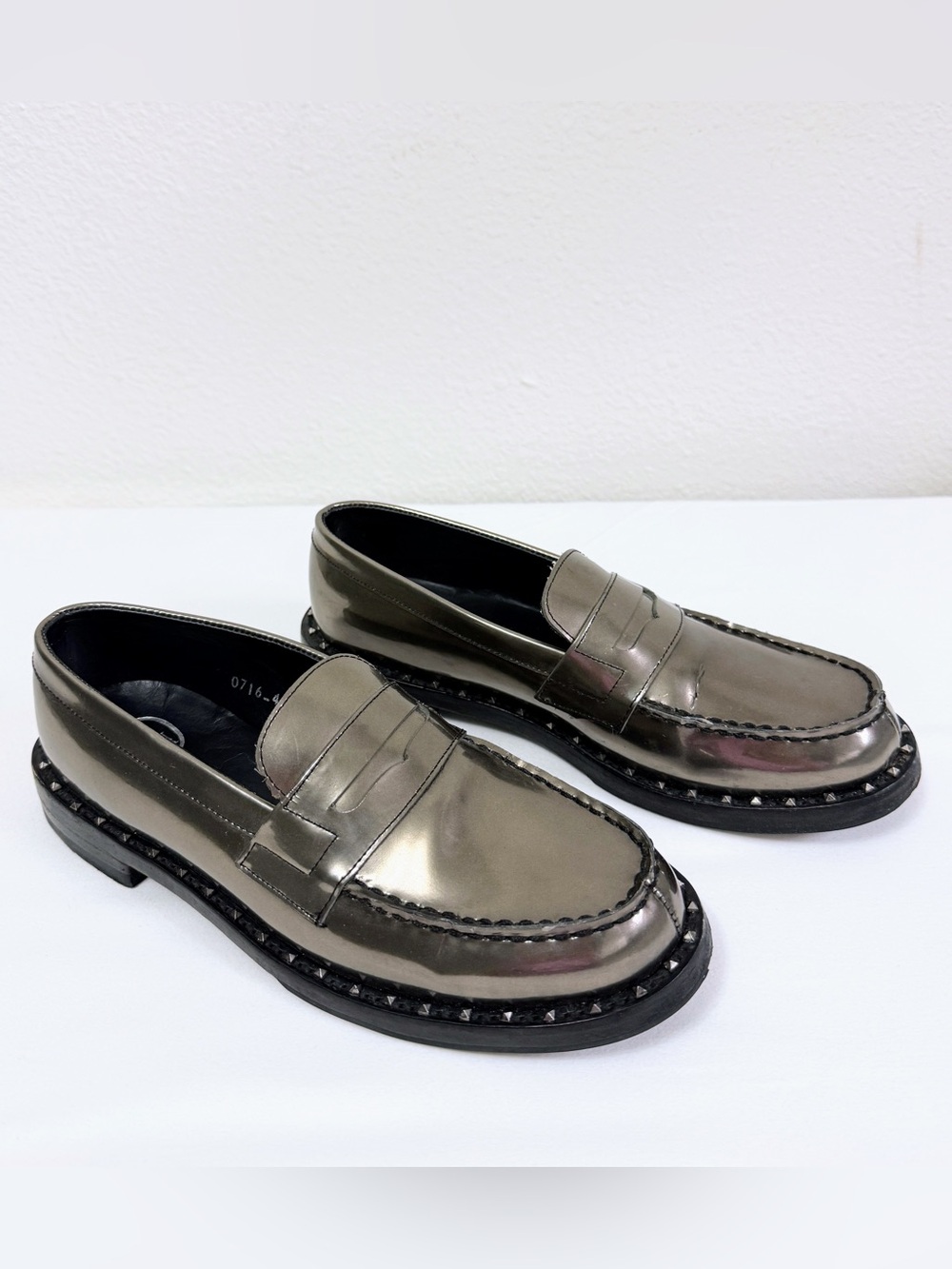 ASH Metallic Leather Studded Penny Loafers EU 38 US 7,5 Silver Bronze